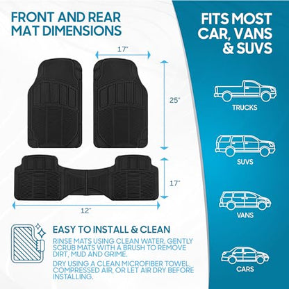 BDK 3-Piece ProLiner Heavy Duty Front & Rear Rubber Floor Mats, Universal Fit Liners for Cars SUVs Trucks Vans, All Weather Protection with Anti-Slip Nibs, Flexible Contours Fits Most Vehicles - Black