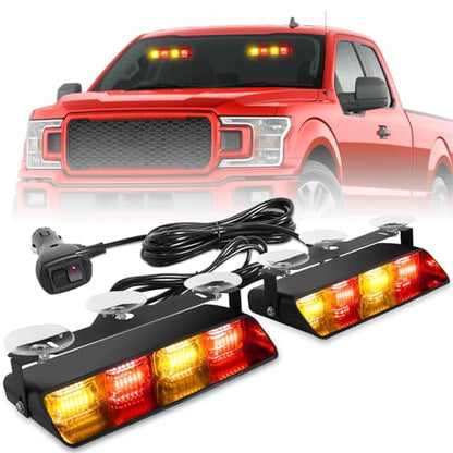 HLauto 2002L Emergency Dash Strobe Lights: Amber Red Safety Lights, Flashing Warning Hazard Windshield Visor Traffic Light Bars for Trucks, Construction Vehicles (2x8.5 inch, 48LED) - color: Amber/Red