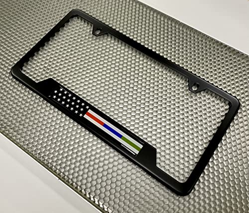 Black Stainless Steel CAR 2-Hole Standard Size - License Plate Frame with First Responders - Law Enforcement, Military and Fire Thin Line USA Flag Design and Free caps - (Qty:1 Frame) - size: Police, Military and Fire