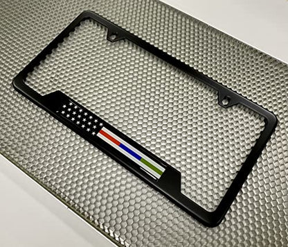 Black Stainless Steel CAR 2-Hole Standard Size - License Plate Frame with First Responders - Law Enforcement, Military and Fire Thin Line USA Flag Design and Free caps - (Qty:1 Frame) - size: Police, Military and Fire