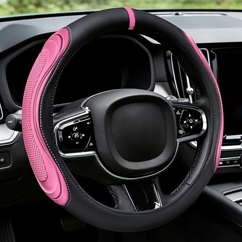 XCBYT Steering Wheel Cover - Pink Leather Steering Wheel Wrap Great Grip with 3D Honeycomb Quick and Effortless Installation Non-Slip Silicone Inner Ring for Women Man Universal Fit 14.5-15 Inch - color: rgj-pink