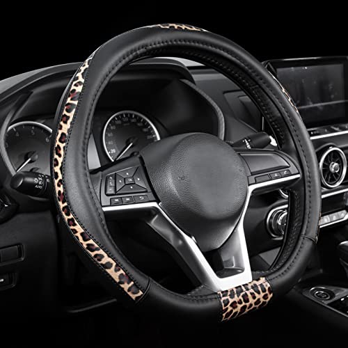 Road Comforts D-Type Steering Wheel Cover - Made with PVC Leather and Leopard Fabric - Universal Fit for 15-Inch D-Shaped Automotive Steering Wheels (Black Color) - color: D-Black