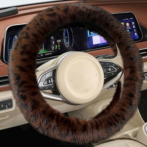 Fluffy Cheetah Car Steering Wheel Cover Luxurious Faux Fur Leopard Print Cute Wheel Protector Universal 15 Inch Fit for Vehicle, Car, Auto, SUV Winter Warm (Brown Coffee) - color: Brown Coffee
