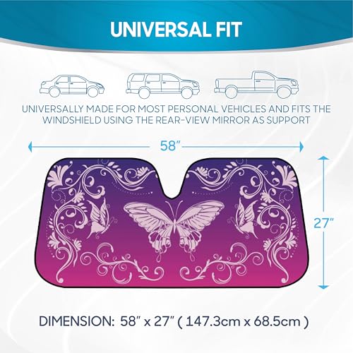 BDK Pink Butterfly Front Windshield Sunshade Accordion Folding Style Auto Shade for Cars Trucks SUVs Vans Blocks UV Rays Sun Visor Protector Easy Setup Keeps Your Vehicle Cool 58" x 27"