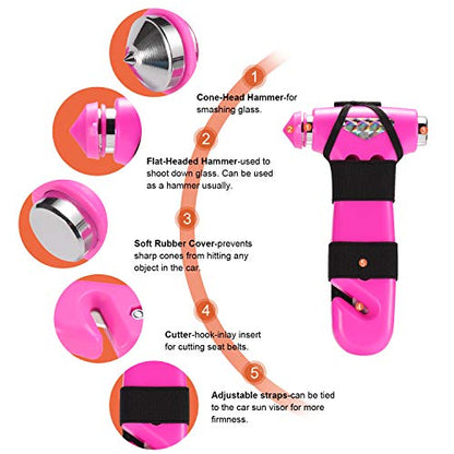 THINKWORK Car Safety Hammer for Teen Girl and Lady's Gifts, 2 Pack Three-in-One Emergency Escape Tool with Window Breaker and Seat Belt Cutter, Safety Emergency Car Escape Tool for Family, Children - color: 2-pink
