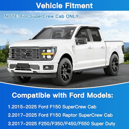 4Pcs Window Vent Visors, Outside-Mount Window Deflectors, Rain Guards for 2015-2025 Ford F150 SuperCrew, 2017-2025 F150 Raptor/F250 F350 F450 F550 Super Duty - size: 2015-2025 F150 SuperCrew