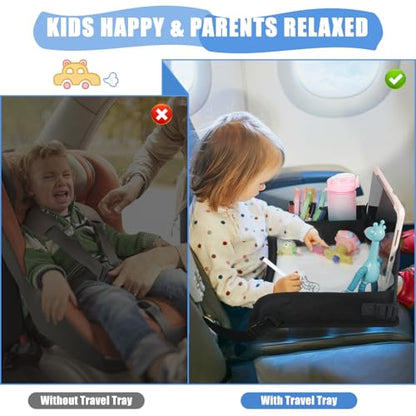 Upgraded Kids Travel Tray for Airplane - Toddler Car Seat Table Tray, Road Trip Essentials for Boys & Girls, Carseat Lap Desk for Kids Road Trip Activities, Black - color: Black