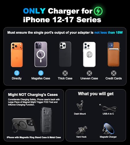 BHHB for Magsafe Car Mount Charger, [2026 Upgrade] 15W 2in1 Magnetic Wireless Car Charger, fits for Magsafe Car Charger, Vent/Dashboard Phone Holder for iPhone 17 16 15 14 13 12 Series(Cyan) - color: Cyan