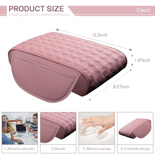 Car Armrest Cushion, 12.2"×8.3" Leather Auto Memory Foam Center Console Pad with Storage Pocket, Waterproof & Anti-Scratch Elbow Pillow Armrest Seat Box Protector, Universal Fit (Pink) - color: Pink