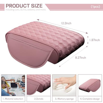 Car Armrest Cushion, 12.2"×8.3" Leather Auto Memory Foam Center Console Pad with Storage Pocket, Waterproof & Anti-Scratch Elbow Pillow Armrest Seat Box Protector, Universal Fit (Pink) - color: Pink