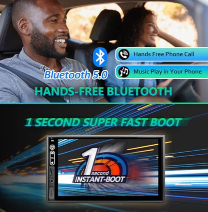 Double Din Car Stereo Compatible with Wireless Apple Carplay, Android Auto - 7" Touch Screen Car Audio Receiver with Bluetooth, AUX, FM Car Radio