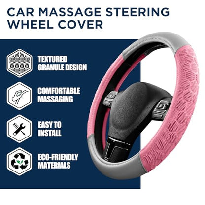 PIC AUTO Massage Steering Wheel Cover, Pink Football Pattern Material Spliced & Gray Leather Car Steering Wheel Cover, Car Steering Cover, Universal Fit 14.5"-15.5" for Cars, Trucks, Van, SUVs - color: Pink Gray