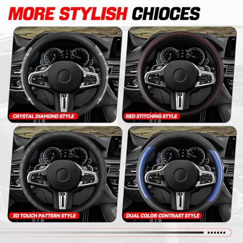 Auto Dynasty Car Steering Wheel Cover, Microfiber Leather Steering Wheel Covers Protector with Anti-Slip Inner Lining, Universal 14.5 to 15 Inch Car Interior Accessories, Red Stitching - color: Stitched Red B