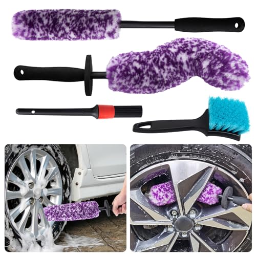 4 Pack Wheel Tire Cleaning Brush Kit Cars Motorcycles RVs Trucks Rim Hub Ultra Soft Microfiber No Spatter 360 Bendable Synthetic Woolies Wash Vehicles Bristle Set - color: Purple & White