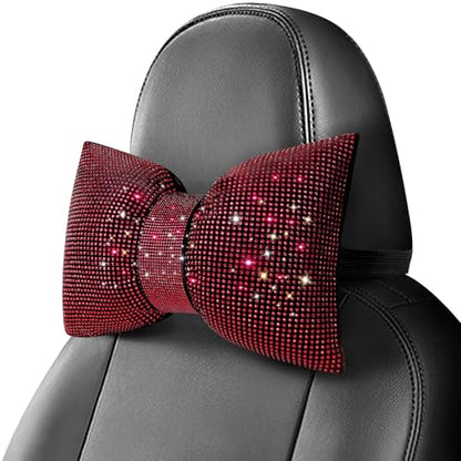 surpassme 2PCS Rhinestone Car Headrest Neck Pillow for Driving with Bling Bling Crystal Bow Pillow Car Accessories for Women (Red) - color: 2 Red Pillows