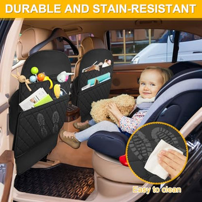 Seat Back Protector - Leather Kick Mat with Storage Pockets, Front & Back Seat Cover for Kids -Large Capacity Car Seat Organizers and Storage for Child, Splashproof & Easy Clean