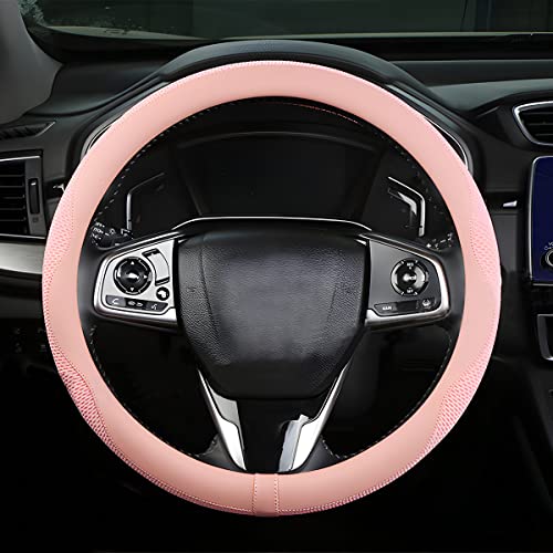 Car Steering Wheel Cover, Microfiber Breathable Ice Silk Leather Steering Wheel Cover Soft Anti-Slip Safety, 15inch Four Season Universal Fits for Most Truck,SUV,Cars (Pink) - color: Pink
