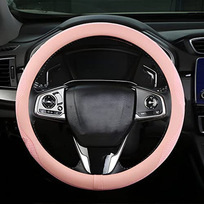 Car Steering Wheel Cover, Microfiber Breathable Ice Silk Leather Steering Wheel Cover Soft Anti-Slip Safety, 15inch Four Season Universal Fits for Most Truck,SUV,Cars (Pink) - color: Pink