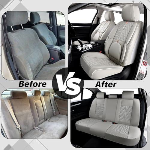 Light Gray Car Seat Covers, Universal Fit for Most Vehicles, Premium Waterproof Leather, Pet-Friendly Car Seat Covers with Lumbar Support, Slip-Resistant, Airbag-Compatible, Protects Car Interior - color: Light Gray