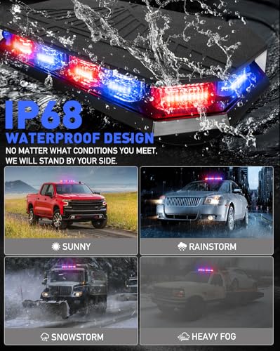 HLauto 406D Rooftop Emergency Strobe Lights Bar, 102 LED Red Blue Mini Beacon Safety Flashing Warning Traffic Lights Bar w/Magnetic Base for 12-24V Trucks, Construction Vehicles, Snowplow, Cars - color: Red/Blue