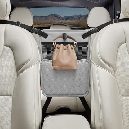 Purse Holder for Car,Car Purse Holder Between Seats,PU Leather Seat Back Organizer,Large Capacity Bag,Car Net Pocket Handbag Holder,Pet Barrier(Gray) - color: Gray