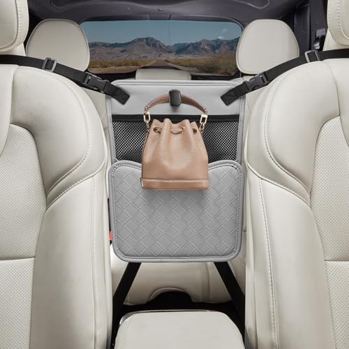 Purse Holder for Car,Car Purse Holder Between Seats,PU Leather Seat Back Organizer,Large Capacity Bag,Car Net Pocket Handbag Holder,Pet Barrier(Gray) - color: Gray
