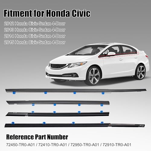 Window Molding Trim Seal for Honda Civic 2012-2015 Accessories, Outer Door Black Rubber Weather Stripping Belt, Replacement 72450-TR0-A01 (4PCS) - size: 2012-2015 Honda Civic