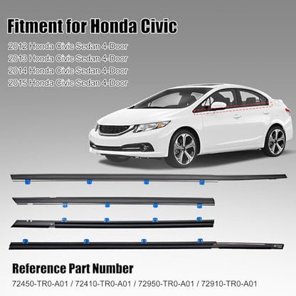 Window Molding Trim Seal for Honda Civic 2012-2015 Accessories, Outer Door Black Rubber Weather Stripping Belt, Replacement 72450-TR0-A01 (4PCS) - size: 2012-2015 Honda Civic