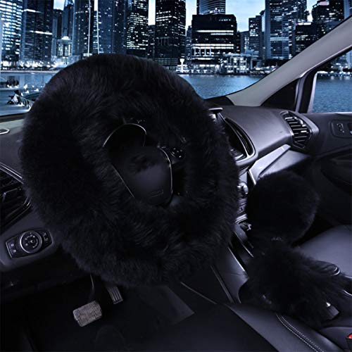 1 Set 3 Pcs Car Steering Wheel Cover & Handbrake Cover & Gear Shift Cover Set Faux Wool Warm Winter (Black-3pcs) - color: Black-3pcs