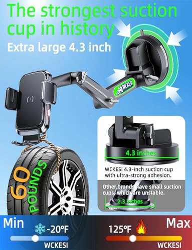 Truck Phone Holder Wireless Car Charger Mount, 15W Fast Charging Vacuum Phone Holder 14 Inch Long Arm Heavy Duty Pickup Windshield and Dashboard, Trucks Accessories for iPhone Samsung LG
