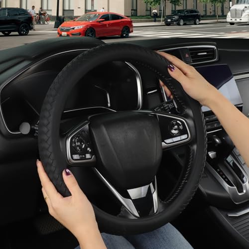 Leather Steering Wheel Cover Men，with Black Woven Pattern Car Accessories ，Anti-Slip, Safety, Soft, Breathable, Adaptable to 14.5-15 inches Steering Wheel Fit SUV， Jeep， Van，Sedan，Car - color: Black+Woven Pattern