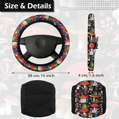 Riakrum 17 Pcs Mushroom Car Seat Covers Mushroom Car Accessories Full Set for Women Men Automotive Rear Front Seat Protector View Mirror Hanging Ornament Steer Wheel Belt Cover(Mushrooms and Frogs) - style: Mushrooms and Frogs