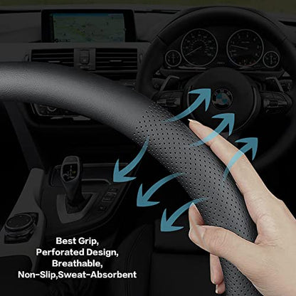 Car Steering Wheel Cover,Universal 15 Inch Premium Leather Car Steering Wheel Cover,Best Grip,Perforated Design,Breathable,Non-Slip,Sweat-Absorbent,Warm in Winter and Cool in Summer (Black) - color: Black