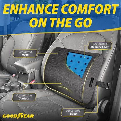 Goodyear Lumbar Support Car Seat Cushion with Cooling Gel – Accessories for Driving – Memory Foam Car Seat Lumbar Support Pillows, Office Chairs Cushion, Ergonomic Back Support, Desk Accessories