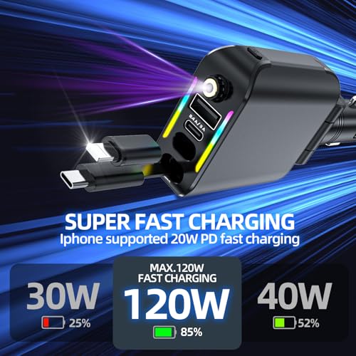 [2026 Ultra-Slim, 75% Less Space] Retractable Car Charger with Starlight, Max 120W USB C Car Charger Adapter, Cars Phone Chargers Fast Charging, Car Chargers for iPhone 17 16 Pro Max Plus and Android - color: black gold