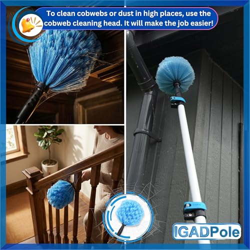 IGADPole 17 FT Water-Fed Cleaning Kit – Extendable Telescopic Pole with Soap-Dispenser, Brush & Cobweb Duster, Adjustable 5-17 FT Handle for Safe High Window, Gutter, Solar Panel & Exterior Cleaning - size: 17 ft Pole