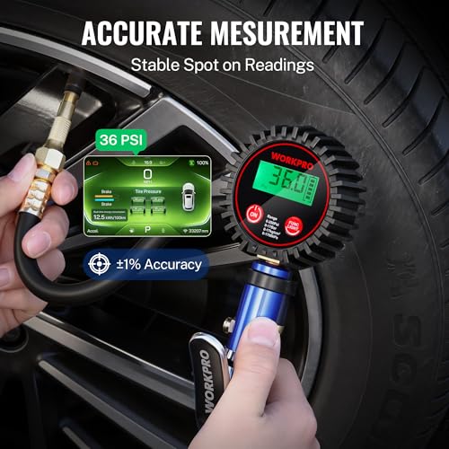 WORKPRO 12PCS Digital Tire Pressure Gauge with Inflator, 250 PSI, Heavy Duty Air Compressor Attachments with Storage Bag, Tire Gauge with Brass Air Chuck and Rubber Hose for Vehicles and Inflatables