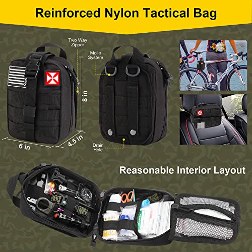 Survival First Aid Kit, 248PCS Survival Tools Camping Essentials Tactical Gear Emergency Trauma Medical Supplies Packed in a MOLLE Pouch, Saber Card,Cool for Men Camping Hiking Outdoor Activities