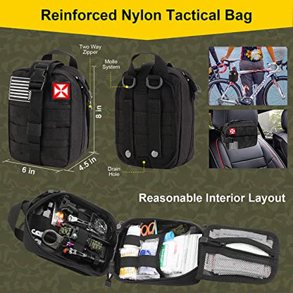 Survival First Aid Kit, 248PCS Survival Tools Camping Essentials Tactical Gear Emergency Trauma Medical Supplies Packed in a MOLLE Pouch, Saber Card,Cool for Men Camping Hiking Outdoor Activities
