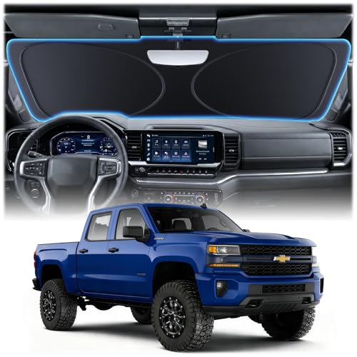 Upgraded Windshield Sun Shade for Chevrolet Silverado 1500, Ram-1500 & Sierra [Nano Ice-Crystal Cooling, 99.9% Sun Protection] Foldable Sunshade with Storage Bag, Car Accessories, M(64 x 32 in) - size: M| 64"L x 32"W