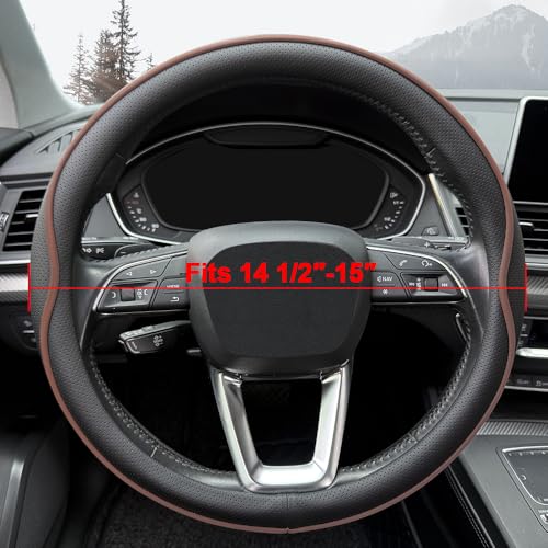 HAOTULE Leather Steering Wheel Cover， with Anti-Slip Stripe Design - Enhanced Grip, Fashion Style, Safe, Non-Slip, Breathable. Upgrade car Interior，Black Brown - color: Black Brown