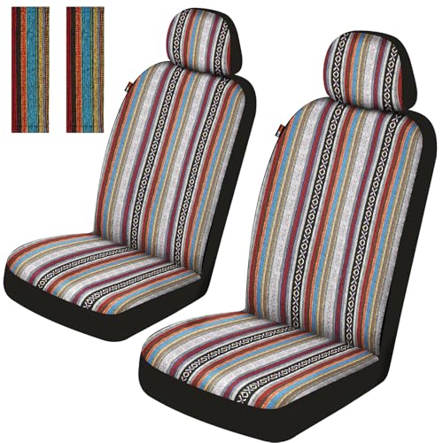 Baja Saddle Blanket Car Seat Covers Front Set with Seat Belt Pads, Washable Breathable Striped Woven Cloth Seat Covers for Cars, SUV, Truck, Airbag Compatible(Red) - color: Red, size: Front Set