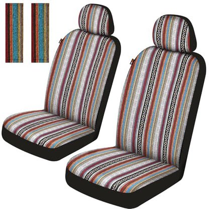 Baja Saddle Blanket Car Seat Covers Front Set with Seat Belt Pads, Washable Breathable Striped Woven Cloth Seat Covers for Cars, SUV, Truck, Airbag Compatible(Red) - color: Red, size: Front Set