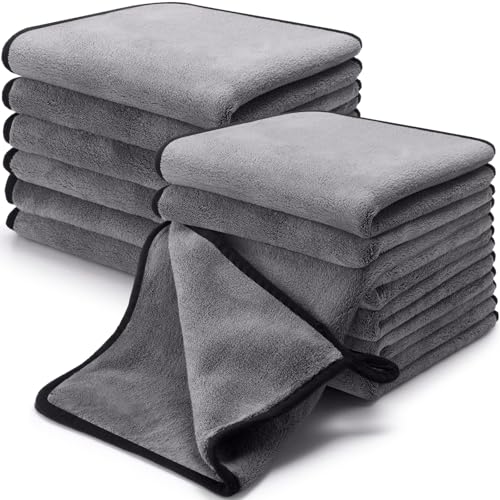 Tallew 12 Pcs Microfiber Towels for Cars, 800 GSM Plush Drying Cleaning Cloth Bulk, 16 x 16 Inch Thick Absorbent Wash Detailing Towels for Car Polishing, House, Kitchen Cleaning(Gray) - color: Gray