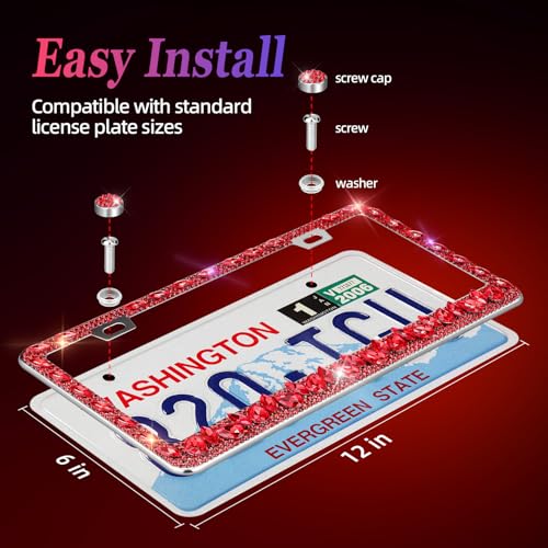 OKLPF Rhinestone Bling License Plate Frames for Women - Sparkle with Glitter Crystals & Diamond Bedazzled License Plate Cover, Fits Standard US Plates, Comes with Anti-Theft Screws & Gift Box(Red) - color: Red, size: 2pc