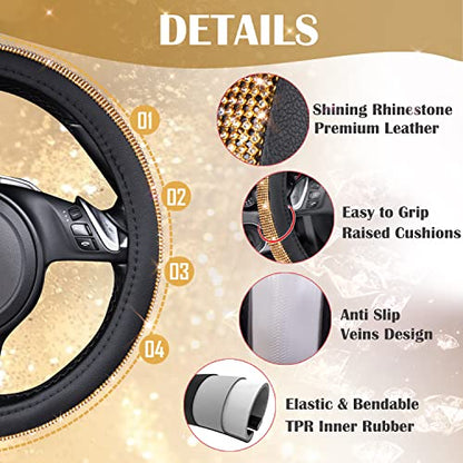 CAR Pass Rhinestones Diamond Bling Steering Wheel Cover, Universal Fit for SUV,Vans,Sedan,Car,Truck 14.5-15inch Universal Fit (Golden) Crystal Glitter for Women Sparkle Girly Sparkling Gold Shining - color: Gold Diamond