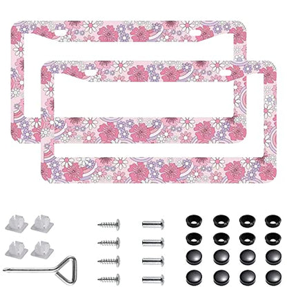 2Pcs Hibiscus Rainbow License Plate Frames Cover Holders Stainless Steel Hibiscus Rainbow License Plate Cover with Screw Caps Cover and Screwdriver Set - 2-Hole for Girl Women (Hibiscus Rainbow) - color: Hibiscus Rainbow