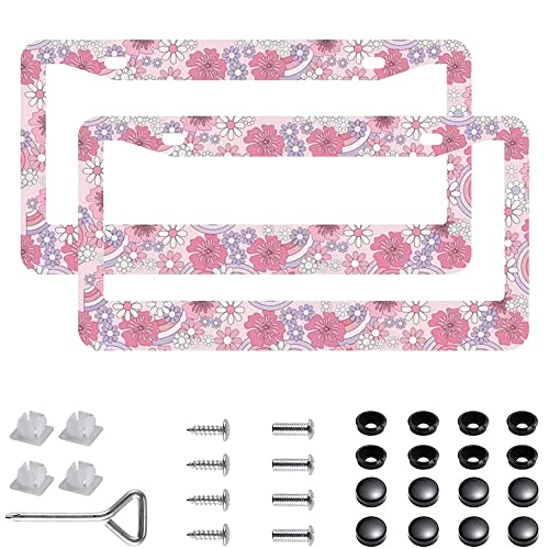 2Pcs Hibiscus Rainbow License Plate Frames Cover Holders Stainless Steel Hibiscus Rainbow License Plate Cover with Screw Caps Cover and Screwdriver Set - 2-Hole for Girl Women (Hibiscus Rainbow) - color: Hibiscus Rainbow