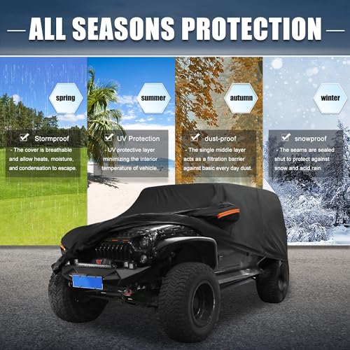 X AUTOHAUX Car Cover for Jeep Wrangler 4DR 2007-2017 Aluminum Film Outdoor Waterproof Sun Rain Snow Hail Protection with Driver Door Zipper - size: for Jeep Wrangler JK 4 Door 2007 -2017