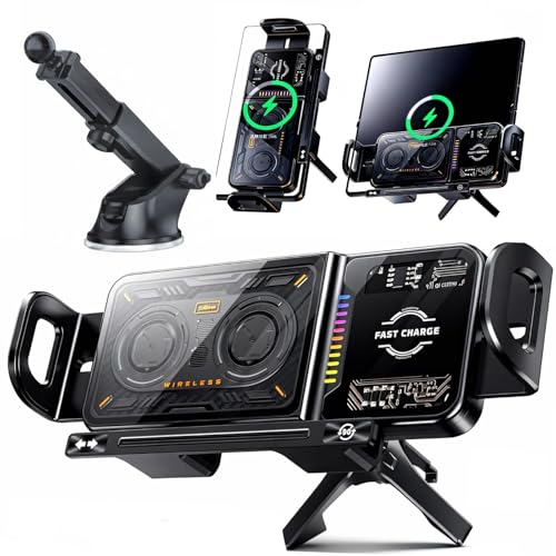 15W Fast Wireless Car Charger Mount, MagSafe Compatible Auto-Clamping & Auto 90° Rotating Phone Holder with Built-in Battery, One-Touch Control, RGB LED Light, Dashboard & Vent Mount